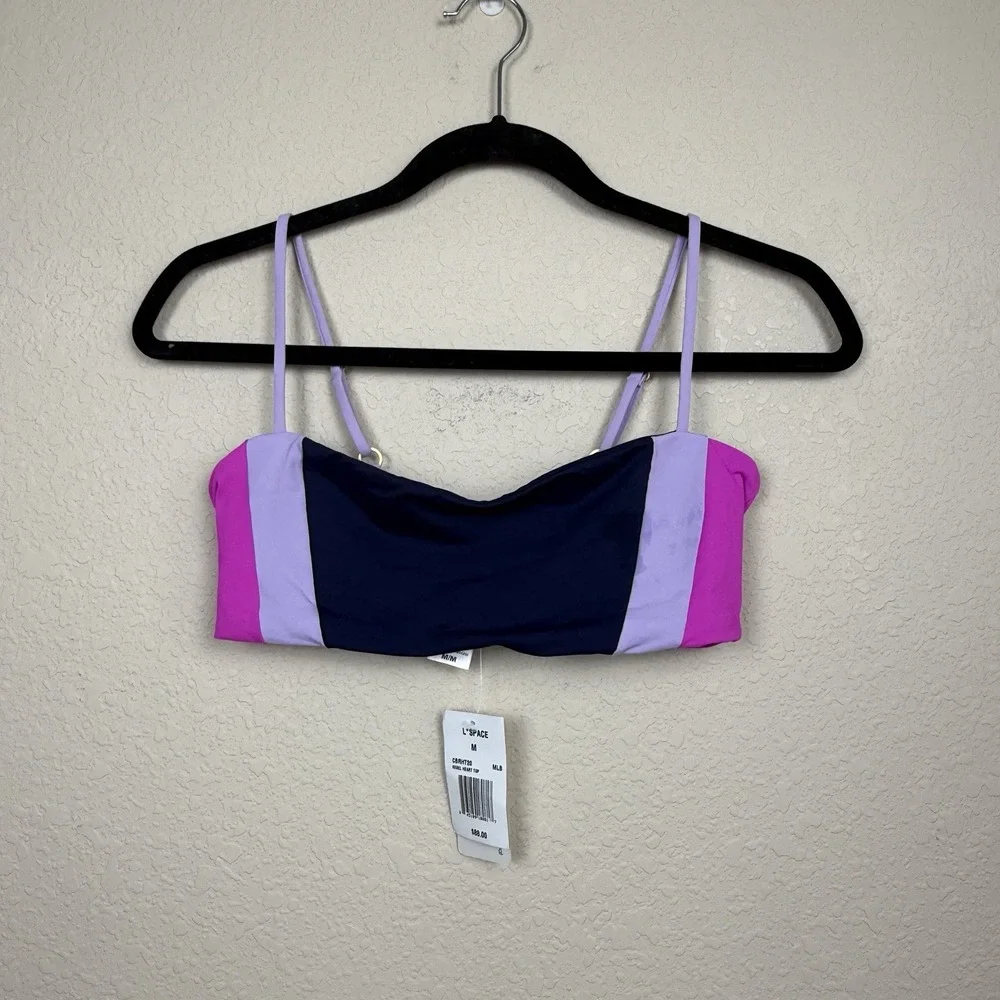 NWT L Space Rebel Heart Color Block Lilac Pink Navy Halter Bikini Swim Top Sz M